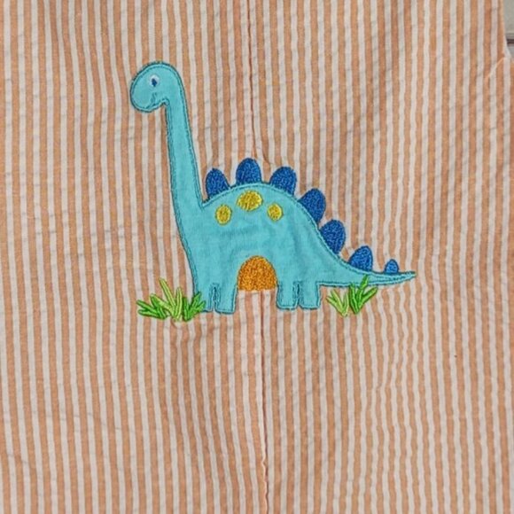 Good Lad Romper Shortall Orange 6-9M Buttons Seersucker Striped Dino Embroider - Picture 3 of 7